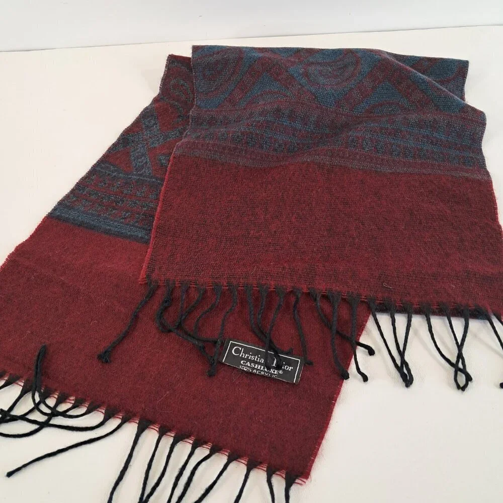 Christian Dior Cashluxe Burgundy and Blue Paisley Fringed Scarf